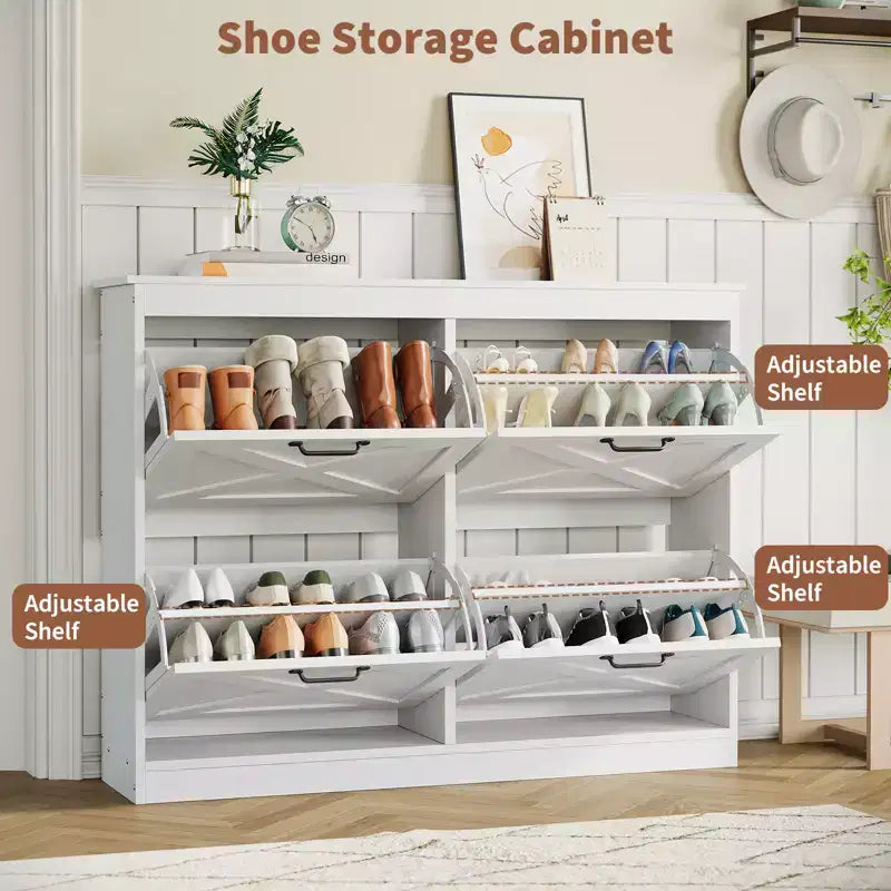 Shoe Storage Cabinet with 4 Flip Drawers, Hidden Wide Shoe Storage Organizer Cabinet, Simple and Elegant, Freestanding Wood Shoe Rack Cabinet
