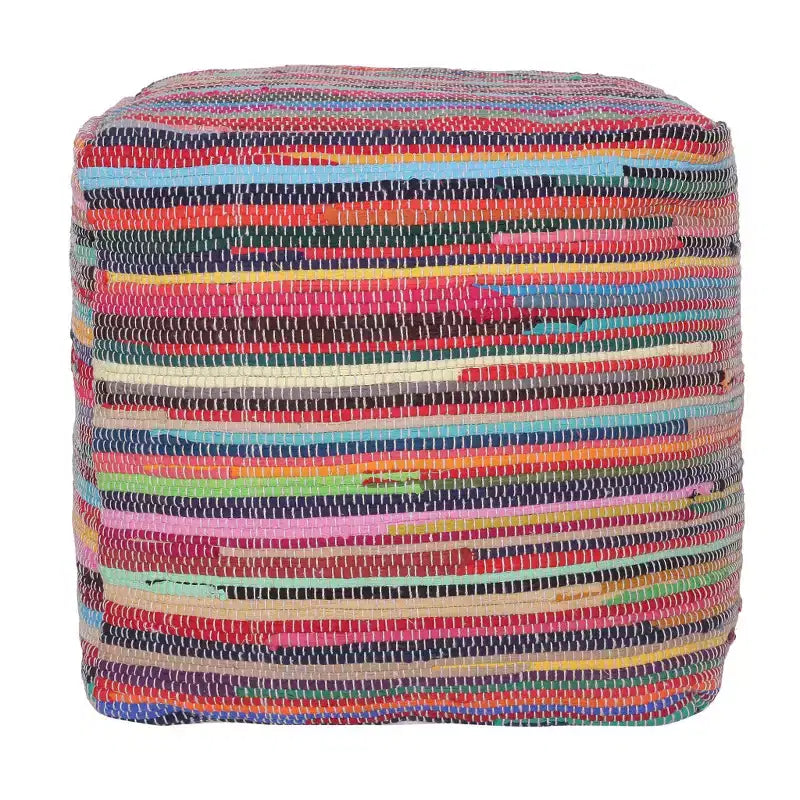 HomeRoots 18 Red And Black Cotton Cube Striped Pouf Ottoman