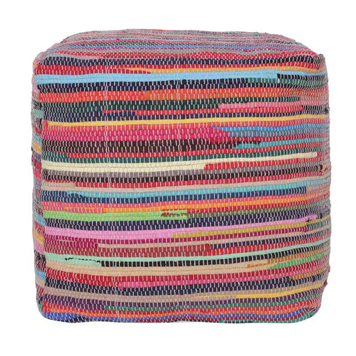 HomeRoots 18 Red And Black Cotton Cube Striped Pouf Ottoman