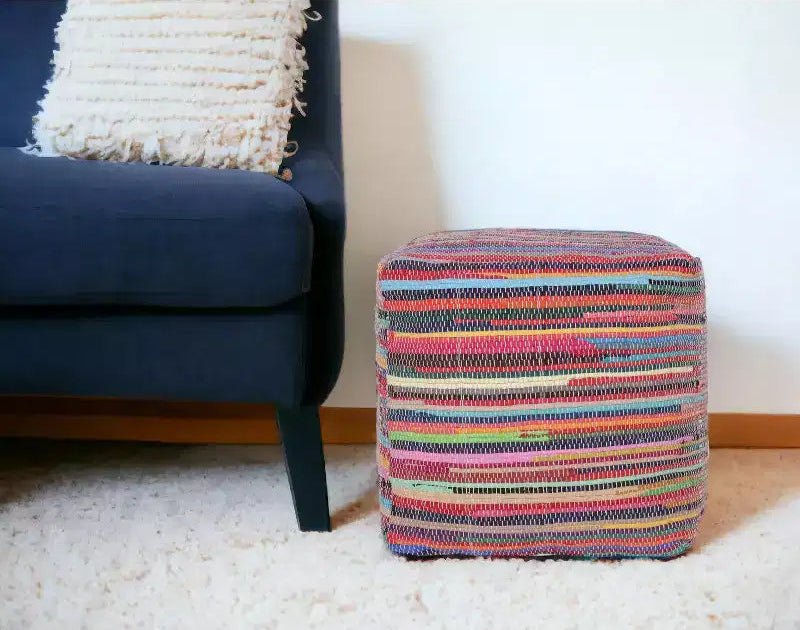 Pouf ottoman rayé en coton rouge et noir (18")