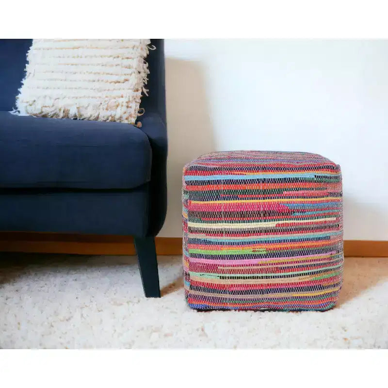 18 Red And Black Cotton Cube Striped Pouf Ottoman