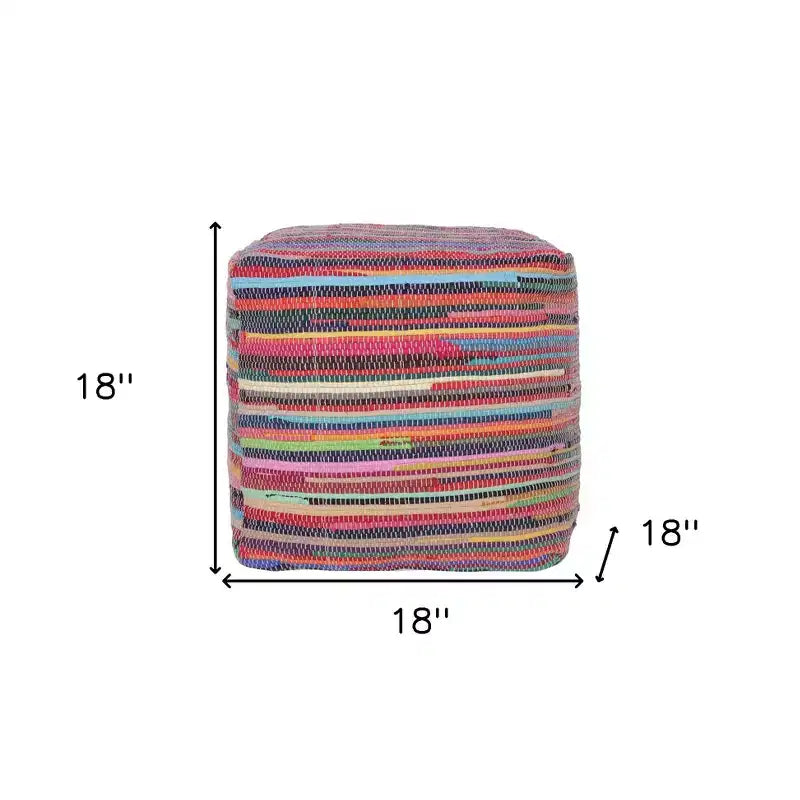 18 Red And Black Cotton Cube Striped Pouf Ottoman