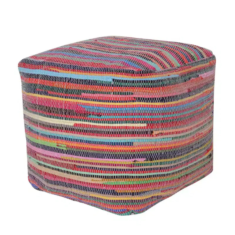 18 Red And Black Cotton Cube Striped Pouf Ottoman