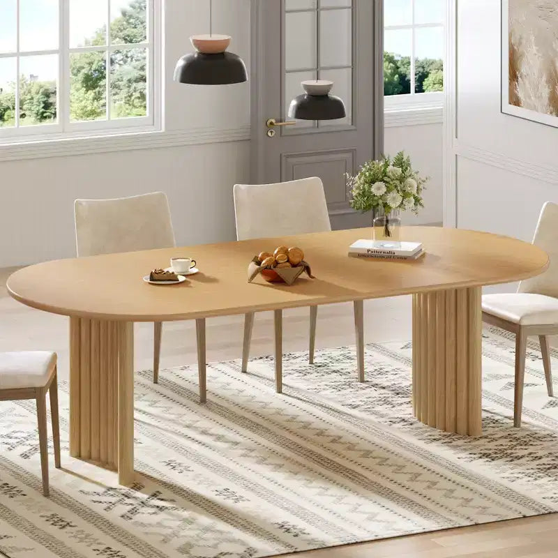PexFix 79 Oval Dining Table for 6-8 with Arc-Shaped Edge Top and Stripes Base Modern Farmhouse Kitchen Table for Living Room Dining Room Natural