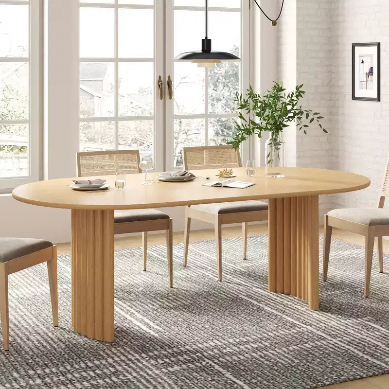 79" Oval Dining Table for 6-8 – Arc Edge, Stripe Base, Modern Farmhouse, Natural