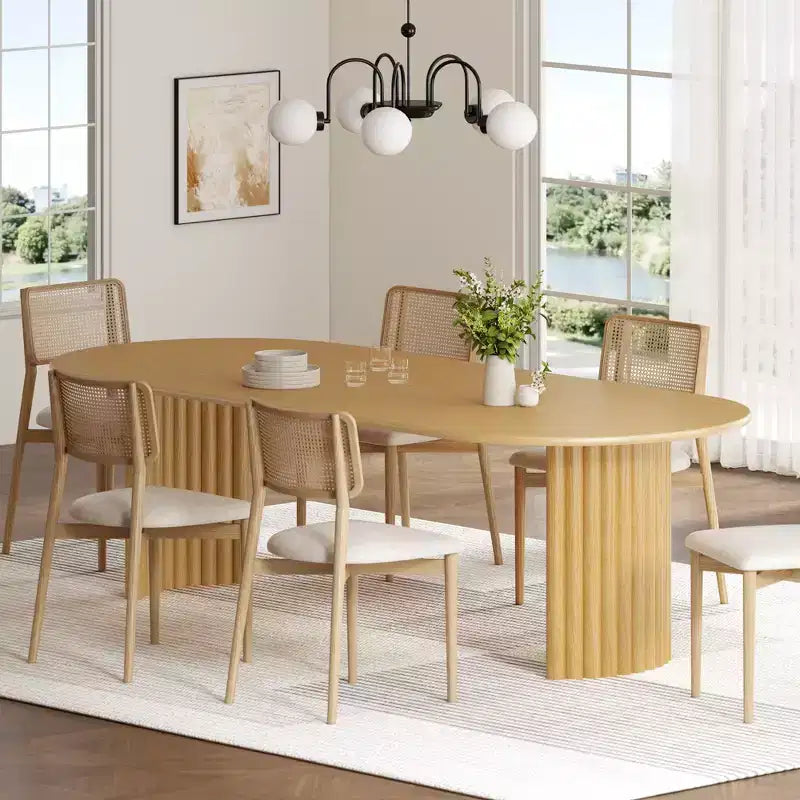 79" Oval Dining Table for 6-8 – Arc Edge, Stripe Base, Modern Farmhouse, Natural