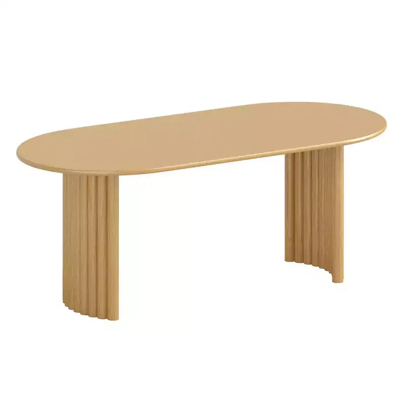 Table à manger ovale de 79 po pour 6 à 8 personnes – Bord en arc, piètement rayé, style ferme moderne, naturel