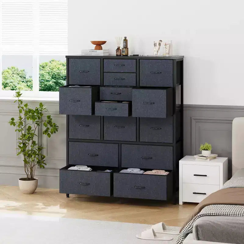 Commode à 15 tiroirs, Organiseur de rangement haut avec cadre en métal et plateau en bois, Commode en tissu pour salon, Meuble de rangement multifonctionnel