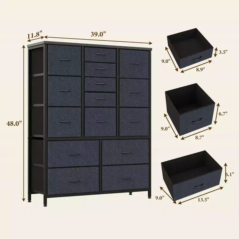 Commode à 15 tiroirs, Organiseur de rangement haut avec cadre en métal et plateau en bois, Commode en tissu pour salon, Meuble de rangement multifonctionnel