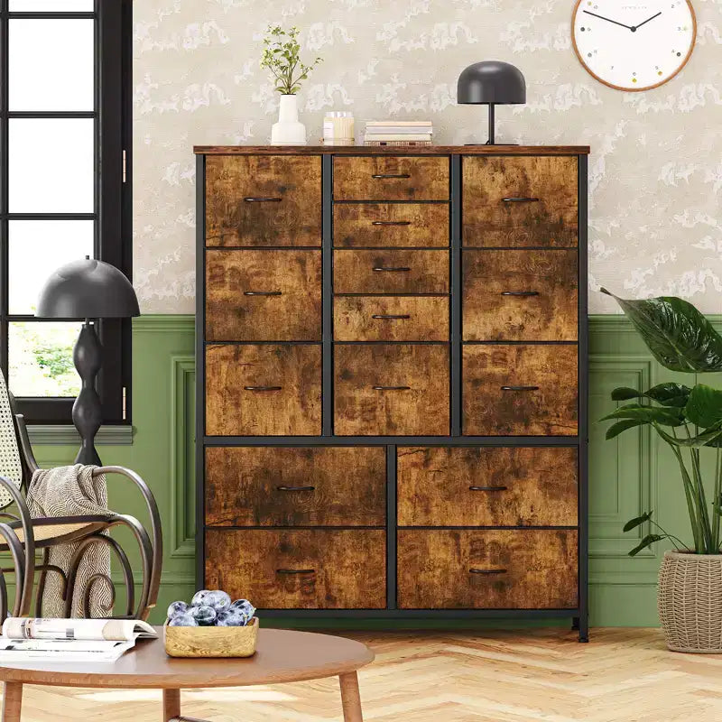 Commode à 15 tiroirs, Organiseur de rangement haut avec cadre en métal et plateau en bois, Commode en tissu pour salon, Meuble de rangement multifonctionnel