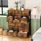 Commode à 15 tiroirs, Organiseur de rangement haut avec cadre en métal et plateau en bois, Commode en tissu pour salon, Meuble de rangement multifonctionnel
