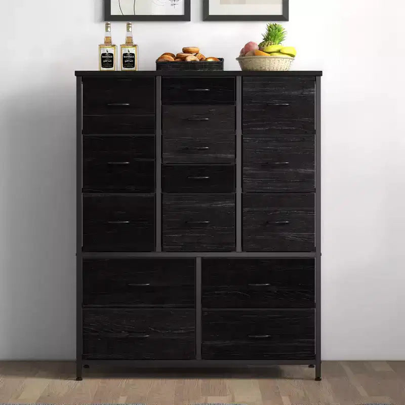 Commode à 15 tiroirs, Organiseur de rangement haut avec cadre en métal et plateau en bois, Commode en tissu pour salon, Meuble de rangement multifonctionnel