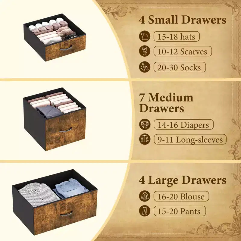 Commode à 15 tiroirs, Organiseur de rangement haut avec cadre en métal et plateau en bois, Commode en tissu pour salon, Meuble de rangement multifonctionnel