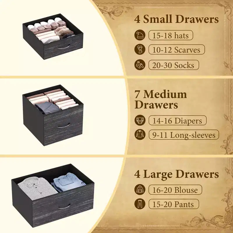 15-Drawer Dresser, Tall Storage Organizer with Metal Frame and Wood Tabletop, Fabric Chest of Drawers for Living Room, Multi-Functional Storage Unit