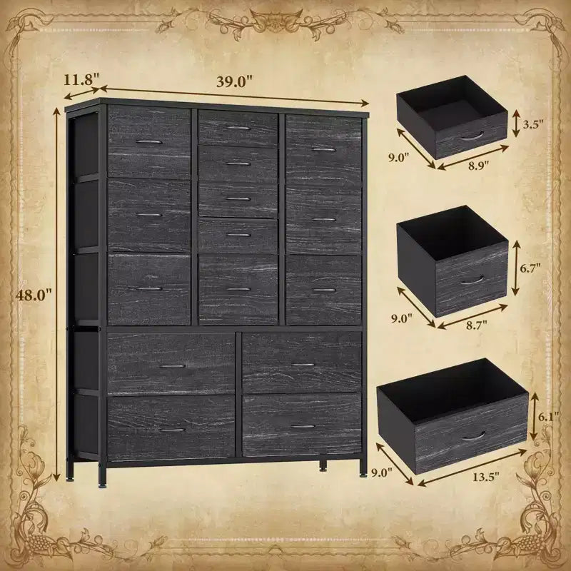 Commode à 15 tiroirs, Organiseur de rangement haut avec cadre en métal et plateau en bois, Commode en tissu pour salon, Meuble de rangement multifonctionnel