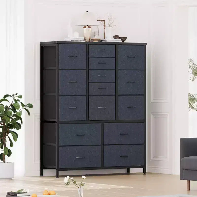 Commode à 15 tiroirs, Organiseur de rangement haut avec cadre en métal et plateau en bois, Commode en tissu pour salon, Meuble de rangement multifonctionnel