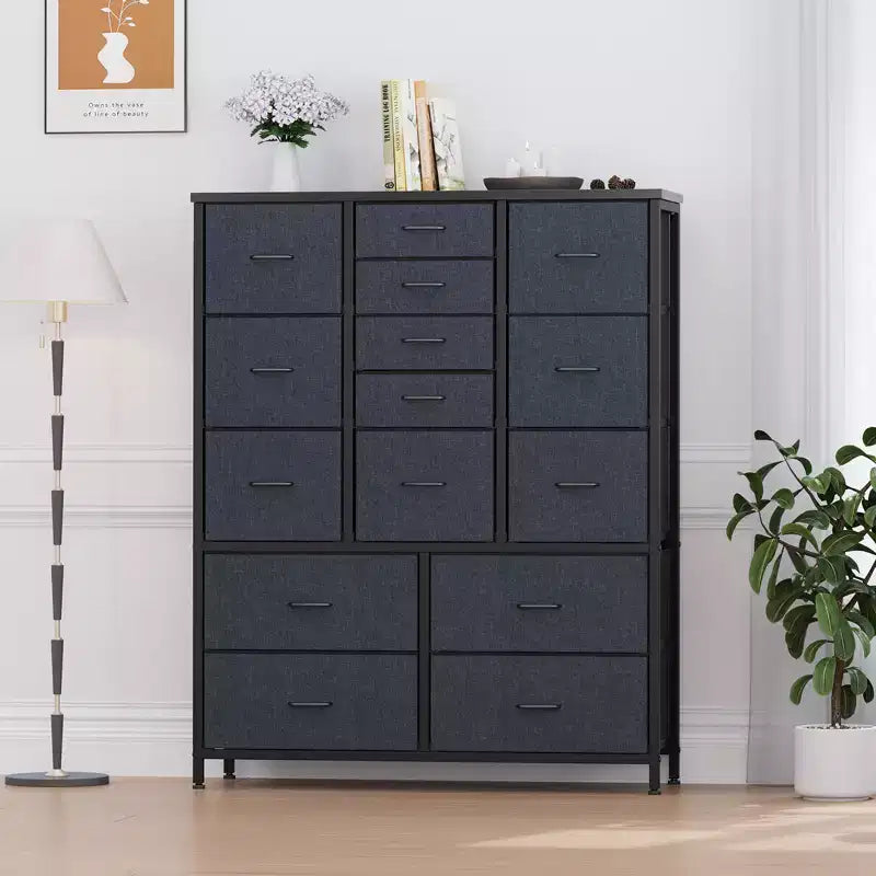 15-Drawer Dresser, Tall Storage Organizer with Metal Frame and Wood Tabletop, Fabric Chest of Drawers for Living Room, Multi-Functional Storage Unit