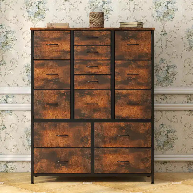 15-Drawer Dresser, Tall Storage Organizer with Metal Frame and Wood Tabletop, Fabric Chest of Drawers for Living Room, Multi-Functional Storage Unit
