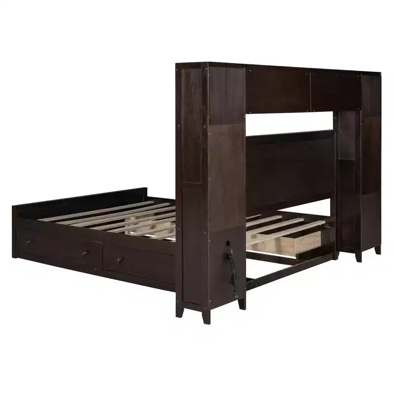 Queen Size Platform Bed with All-in-One Cabinet and Storage Shelf, Wooden Queen Bed Frame with 4 Drawers and Sockets