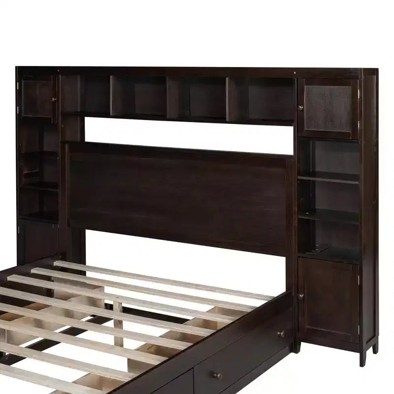Queen Size Platform Bed with All-in-One Cabinet and Storage Shelf, Wooden Queen Bed Frame with 4 Drawers and Sockets