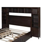 Queen Size Platform Bed with All-in-One Cabinet and Storage Shelf, Wooden Queen Bed Frame with 4 Drawers and Sockets
