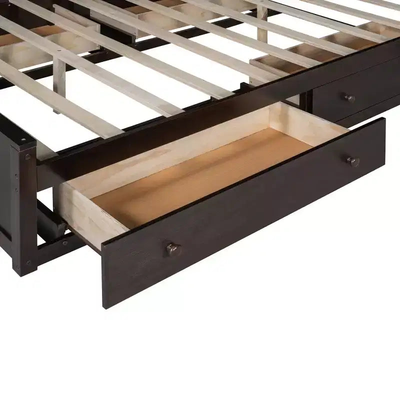Queen Size Platform Bed with All-in-One Cabinet and Storage Shelf, Wooden Queen Bed Frame with 4 Drawers and Sockets