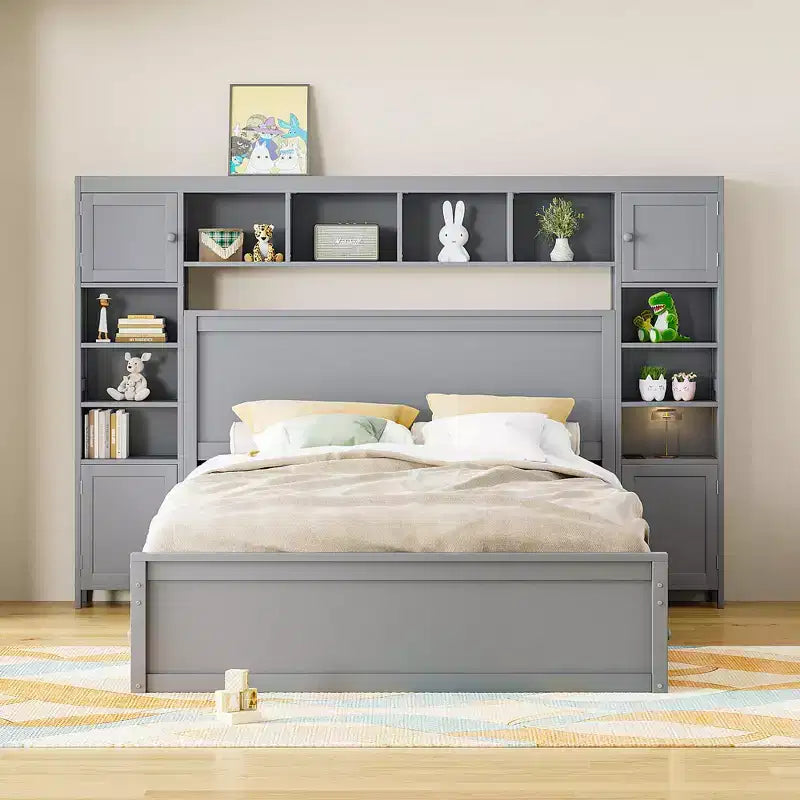Queen Size Platform Bed with All-in-One Cabinet and Storage Shelf, Wooden Queen Bed Frame with 4 Drawers and Sockets