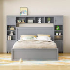 Queen Size Platform Bed with All-in-One Cabinet and Storage Shelf, Wooden Queen Bed Frame with 4 Drawers and Sockets