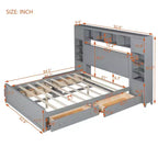 Queen Size Platform Bed with All-in-One Cabinet and Storage Shelf, Wooden Queen Bed Frame with 4 Drawers and Sockets