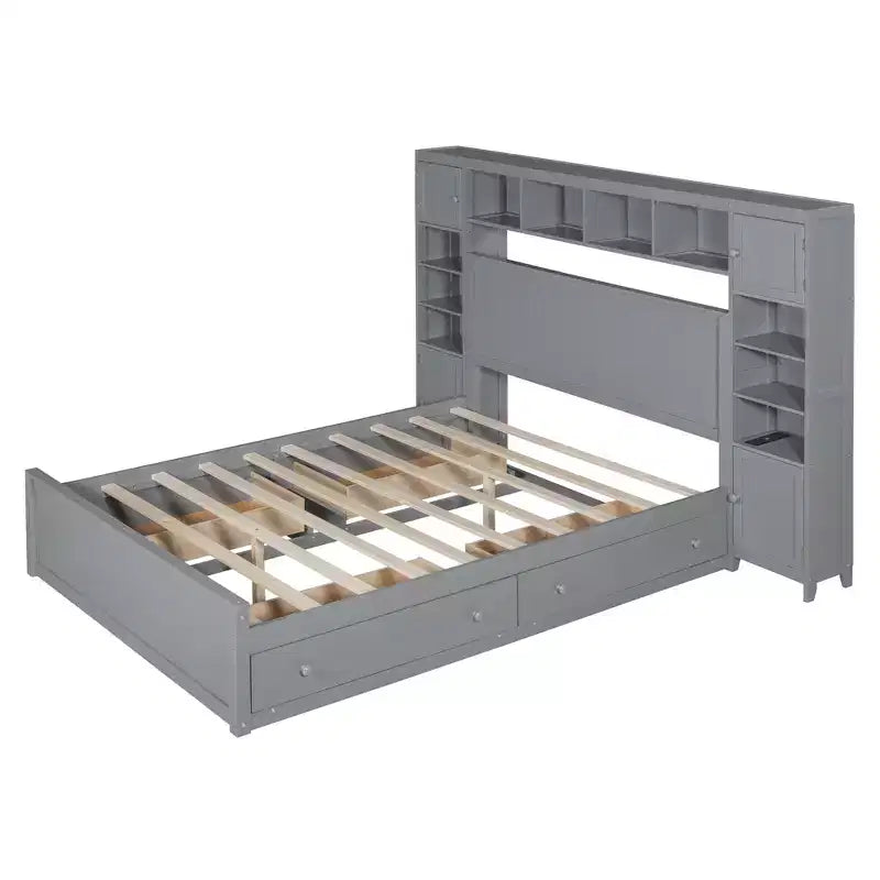 Queen Size Platform Bed with All-in-One Cabinet and Storage Shelf, Wooden Queen Bed Frame with 4 Drawers and Sockets