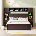 Queen Size Platform Bed with All-in-One Cabinet and Storage Shelf, Wooden Queen Bed Frame with 4 Drawers and Sockets