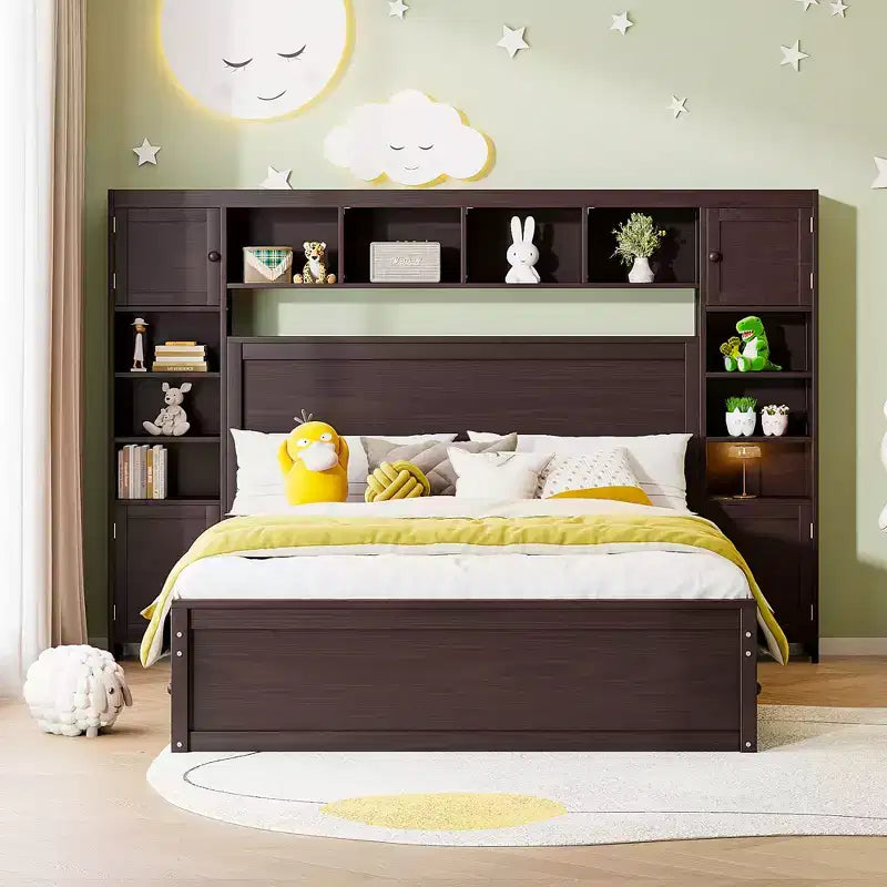 Queen Size Platform Bed with All-in-One Cabinet and Storage Shelf, Wooden Queen Bed Frame with 4 Drawers and Sockets