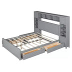 Queen Size Platform Bed with All-in-One Cabinet and Storage Shelf, Wooden Queen Bed Frame with 4 Drawers and Sockets