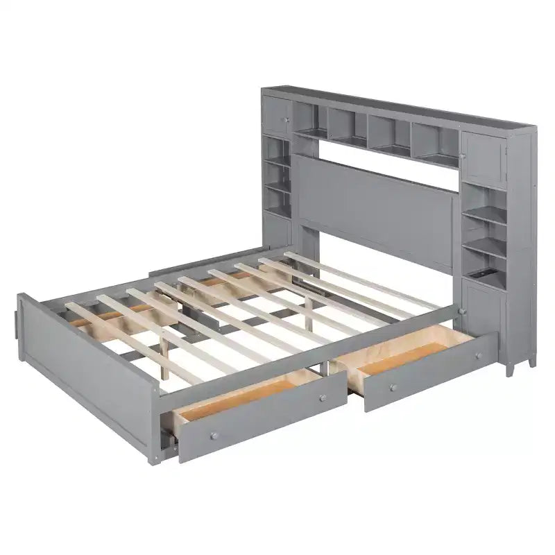 Queen Size Platform Bed with All-in-One Cabinet and Storage Shelf, Wooden Queen Bed Frame with 4 Drawers and Sockets