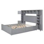 Queen Size Platform Bed with All-in-One Cabinet and Storage Shelf, Wooden Queen Bed Frame with 4 Drawers and Sockets