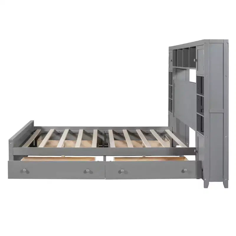 Queen Size Platform Bed with All-in-One Cabinet and Storage Shelf, Wooden Queen Bed Frame with 4 Drawers and Sockets