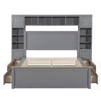 Queen Size Platform Bed with All-in-One Cabinet and Storage Shelf, Wooden Queen Bed Frame with 4 Drawers and Sockets