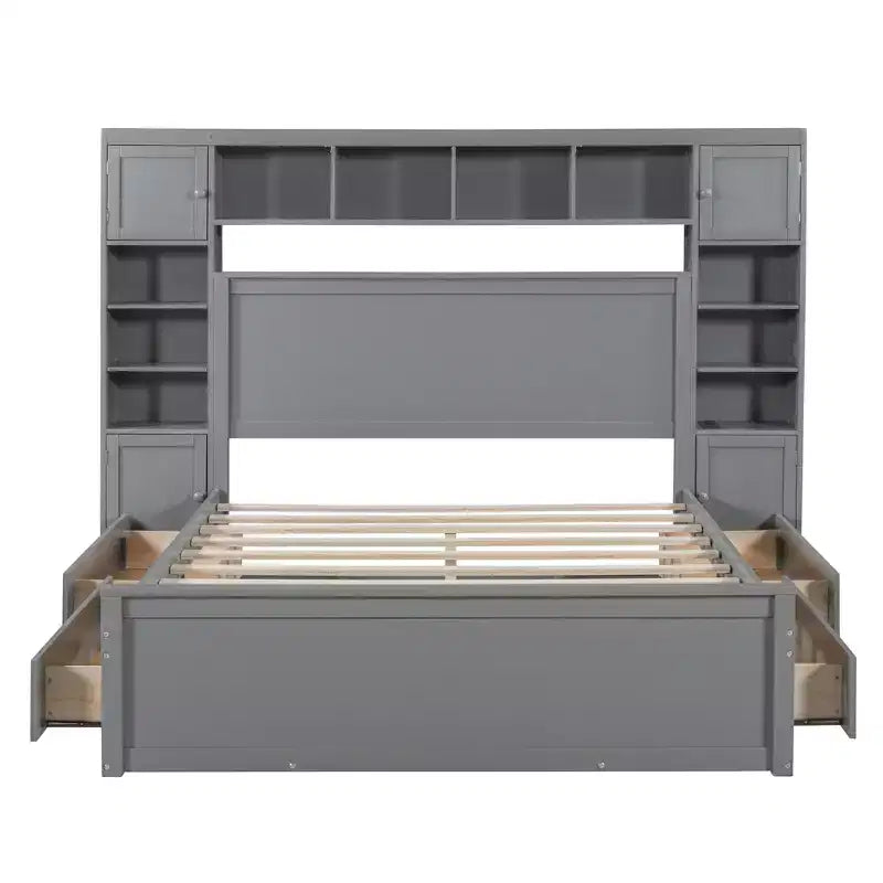 Queen Size Platform Bed with All-in-One Cabinet and Storage Shelf, Wooden Queen Bed Frame with 4 Drawers and Sockets