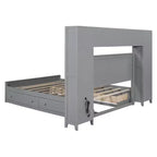 Queen Size Platform Bed with All-in-One Cabinet and Storage Shelf, Wooden Queen Bed Frame with 4 Drawers and Sockets