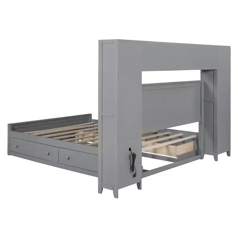 Queen Size Platform Bed with All-in-One Cabinet and Storage Shelf, Wooden Queen Bed Frame with 4 Drawers and Sockets