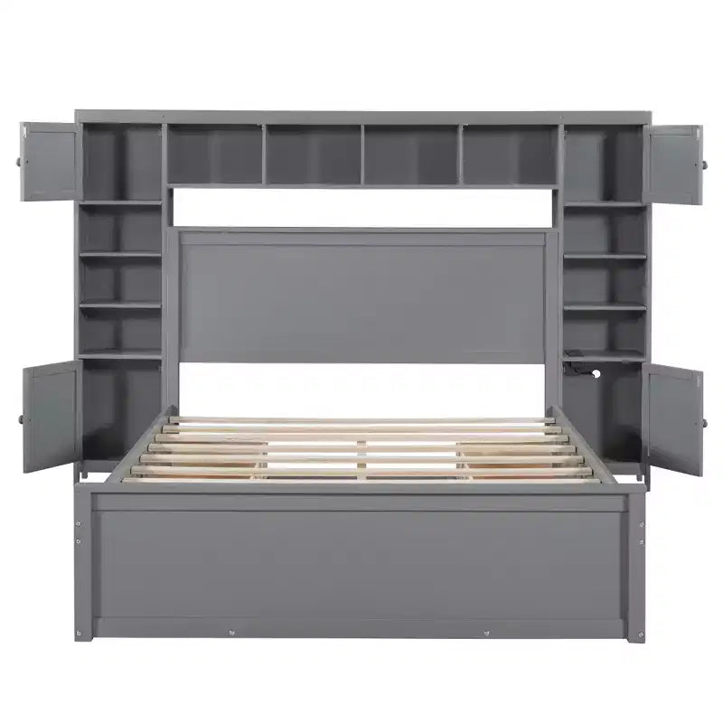 Queen Size Platform Bed with All-in-One Cabinet and Storage Shelf, Wooden Queen Bed Frame with 4 Drawers and Sockets