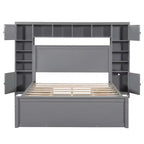 Queen Size Platform Bed with All-in-One Cabinet and Storage Shelf, Wooden Queen Bed Frame with 4 Drawers and Sockets