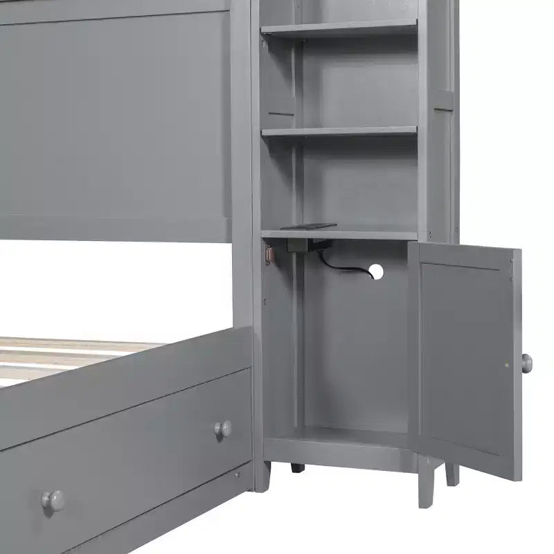Queen Size Platform Bed with All-in-One Cabinet and Storage Shelf, Wooden Queen Bed Frame with 4 Drawers and Sockets