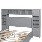 Queen Size Platform Bed with All-in-One Cabinet and Storage Shelf, Wooden Queen Bed Frame with 4 Drawers and Sockets