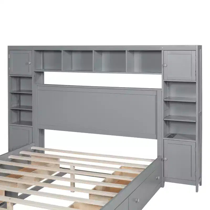 Queen Size Platform Bed with All-in-One Cabinet and Storage Shelf, Wooden Queen Bed Frame with 4 Drawers and Sockets