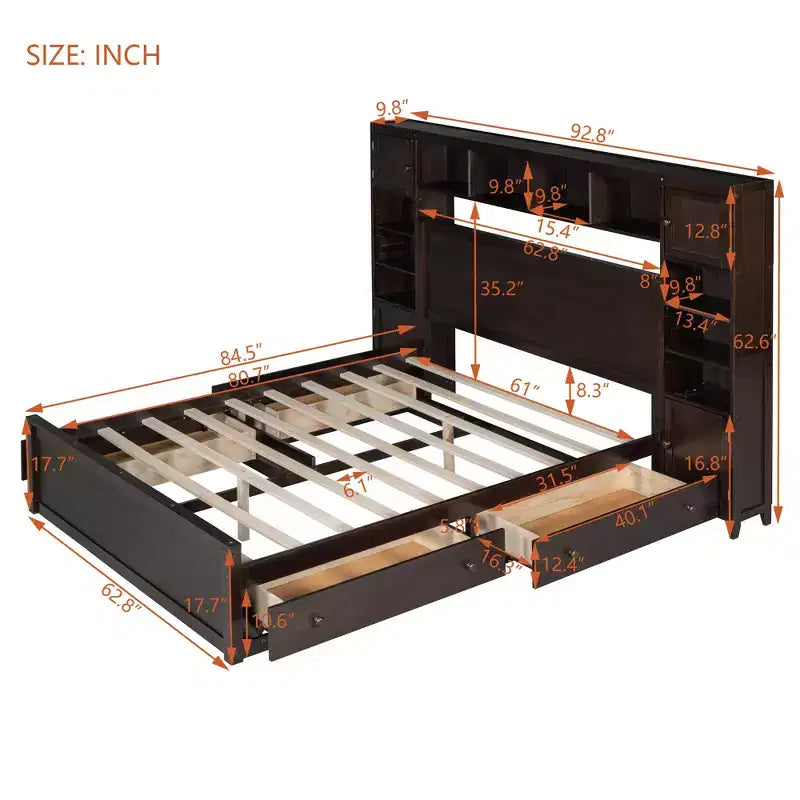 Queen Size Platform Bed with All-in-One Cabinet and Storage Shelf, Wooden Queen Bed Frame with 4 Drawers and Sockets