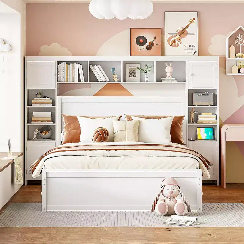 Queen Size Platform Bed with All-in-One Cabinet and Storage Shelf, Wooden Queen Bed Frame with 4 Drawers and Sockets