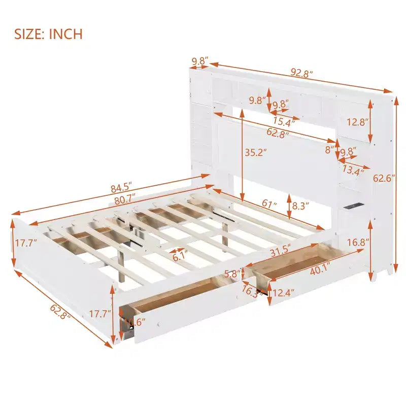 Queen Size Platform Bed with All-in-One Cabinet and Storage Shelf, Wooden Queen Bed Frame with 4 Drawers and Sockets
