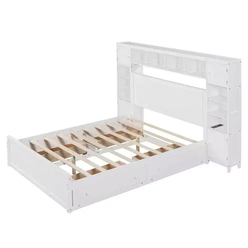 Queen Size Platform Bed with All-in-One Cabinet and Storage Shelf, Wooden Queen Bed Frame with 4 Drawers and Sockets