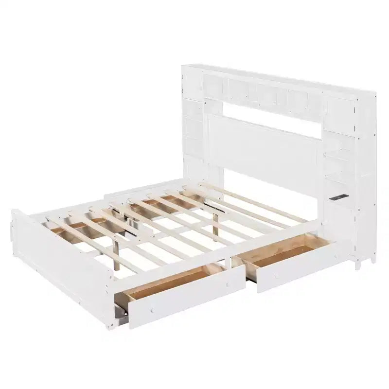 Queen Size Platform Bed with All-in-One Cabinet and Storage Shelf, Wooden Queen Bed Frame with 4 Drawers and Sockets